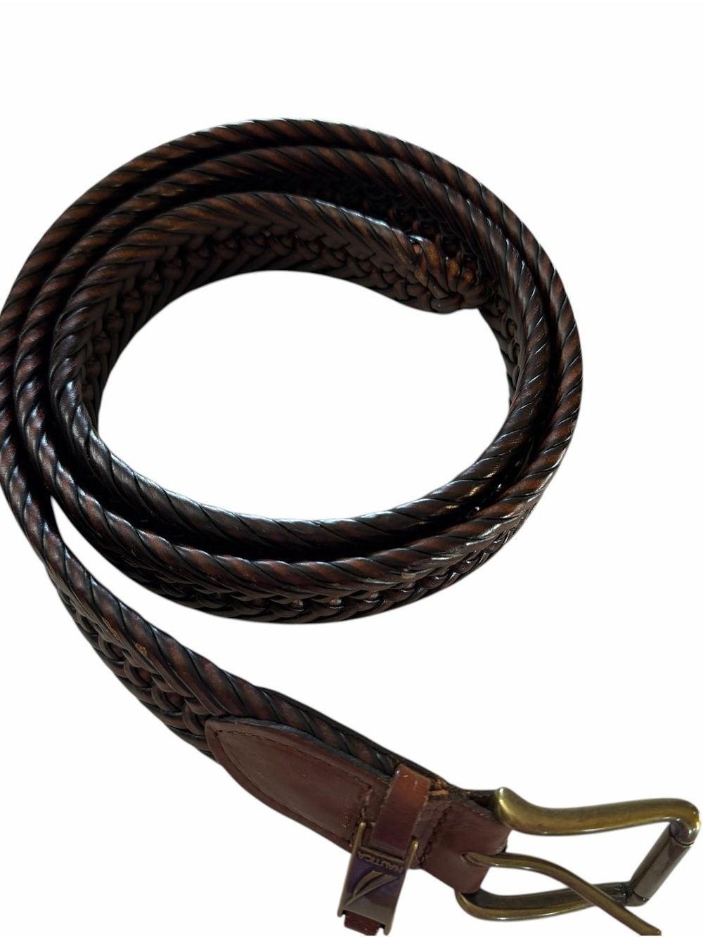 Nautica Brown Braided Leather Belt with Brass Accent